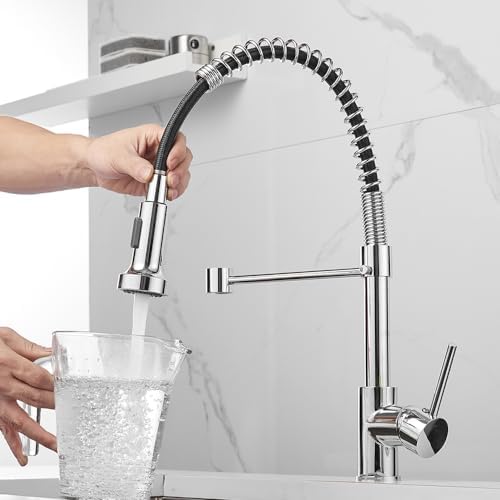 OWOFAN Spring Kitchen Sink Faucet Commercial Single Handle Single Lever Kitchen Faucet with Pull Down Sprayer, Polished Chrome Kitchen Faucets - Image 4