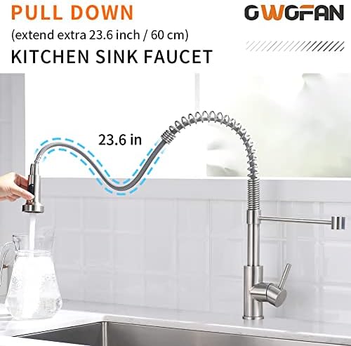 OWOFAN Kitchen Faucet Low Lead Commercial Solid Brass Single Handle Single Lever Pull Out Pull Down Sprayer Spring Kitchen Sink Faucet, Brushed Nickel Kitchen Faucets 866053SN - Image 2
