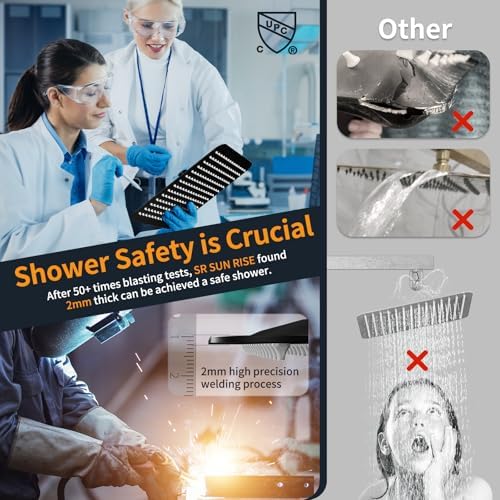 SR SUN RISE 12 Inches Matte Black Shower System 12 Inch Brass Bathroom Luxury Rain Mixer Shower Combo Set Wall Mounted Rainfall Shower Head System Shower Faucet Rough-in Valve Body and Trim Included - Image 4