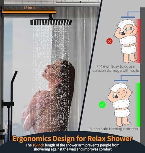 SR SUN RISE 12 Inches Matte Black Shower System 12 Inch Brass Bathroom Luxury Rain Mixer Shower Combo Set Wall Mounted Rainfall Shower Head System Shower Faucet Rough-in Valve Body and Trim Included - Image 6