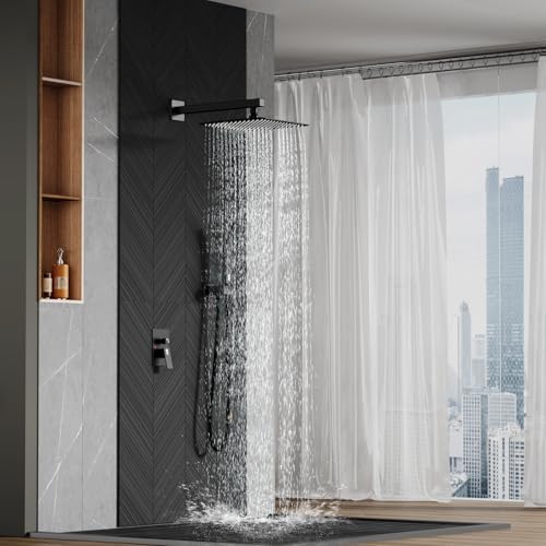 SR SUN RISE 12 Inches Matte Black Shower System 12 Inch Brass Bathroom Luxury Rain Mixer Shower Combo Set Wall Mounted Rainfall Shower Head System Shower Faucet Rough-in Valve Body and Trim Included - Image 8