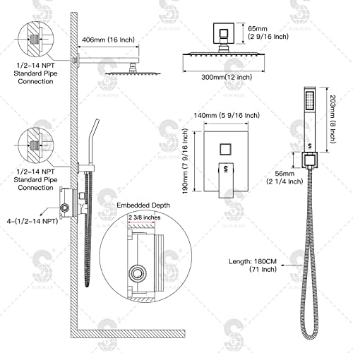SR SUN RISE 12 Inches Matte Black Shower System 12 Inch Brass Bathroom Luxury Rain Mixer Shower Combo Set Wall Mounted Rainfall Shower Head System Shower Faucet Rough-in Valve Body and Trim Included - Image 9