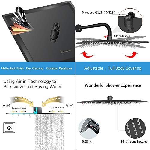 NearMoon Rain Shower Head, High Flow Stainless Steel Square Rainfall Shower, Waterfall Bath Shower Body Covering, Ceiling or Wall Mount (12 Inch, Matte Black) - Image 3