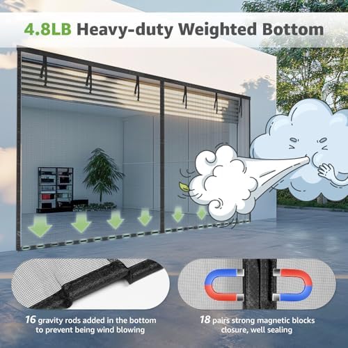 Garage Door Screen - 1 Car 9x8Ft Magnetic Closure Heavy Duty Weighted Bottom Screen Self Sealing Fiberglass Mesh Retractable Net-Easy Assembly&Pass-Through(Black) - Image 5