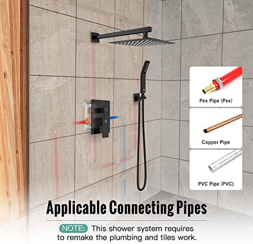 SR SUN RISE Black Square Rainfall Shower Head and Handle Set, Wall Mounted Shower Fixtures, Metal Shower Faucet Trim Repair Kits (With Shower Valve) - Image 2