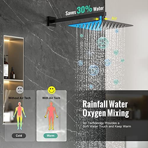 SR SUN RISE Black Square Rainfall Shower Head and Handle Set, Wall Mounted Shower Fixtures, Metal Shower Faucet Trim Repair Kits (With Shower Valve) - Image 4