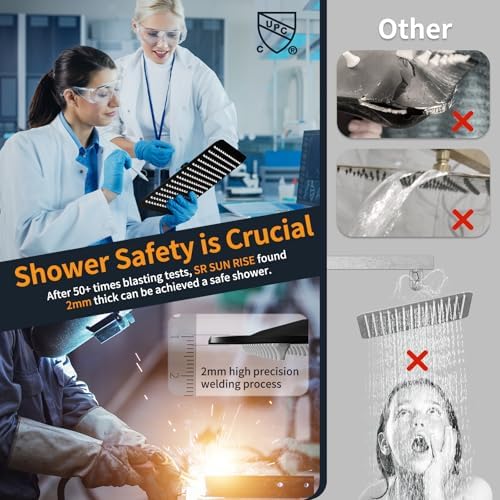 SR SUN RISE Black Square Rainfall Shower Head and Handle Set, Wall Mounted Shower Fixtures, Metal Shower Faucet Trim Repair Kits (With Shower Valve) - Image 7