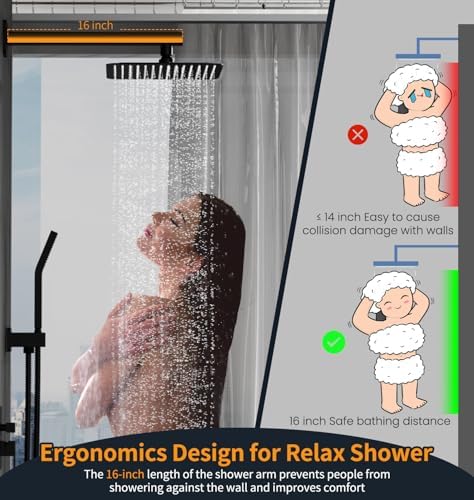 SR SUN RISE Black Square Rainfall Shower Head and Handle Set, Wall Mounted Shower Fixtures, Metal Shower Faucet Trim Repair Kits (With Shower Valve) - Image 9