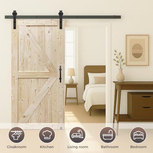 S&Z TOPHAND 36 in. x 84 in. Unfinished British Brace Knotty Barn Door with 6.6FT Sliding Door Hardware Kit/Solid Wood/Sliding Door/Double Surfaces/A Simple Assembly is Required - Image 2