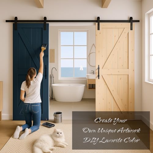 S&Z TOPHAND 36 in. x 84 in. Unfinished British Brace Knotty Barn Door with 6.6FT Sliding Door Hardware Kit/Solid Wood/Sliding Door/Double Surfaces/A Simple Assembly is Required - Image 3