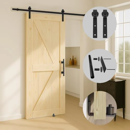 S&Z TOPHAND 36 in. x 84 in. Unfinished British Brace Knotty Barn Door with 6.6FT Sliding Door Hardware Kit/Solid Wood/Sliding Door/Double Surfaces/A Simple Assembly is Required - Image 4