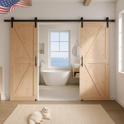 S&Z TOPHAND 36 in. x 84 in. Unfinished British Brace Knotty Barn Door with 6.6FT Sliding Door Hardware Kit/Solid Wood/Sliding Door/Double Surfaces/A Simple Assembly is Required - Image 7