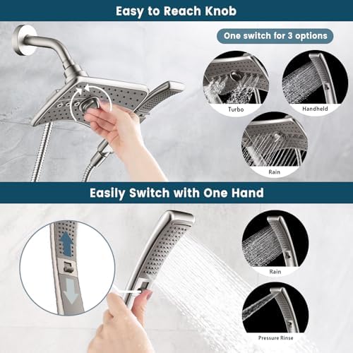 BRIGHT SHOWERS Brushed Nickel Shower Combo - Fixed and Handheld Heads With Grey Faceplates - Image 2