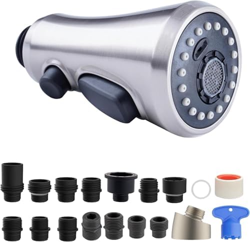 Hibbent Pull Down Spray Head for Kitchen Faucet, 3-Function Spray Nozzle with 15 Adapters, Sink Faucet Head Replacement Compatible with Moen, American Standard, Delta, Kohler Faucets, Brushed Nickel