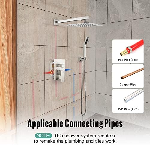 SR SUN RISE Shower Faucet Set Bathroom Square Rain Shower Head with Handheld Spray Wall Mounted Rainfall Shower Fixtures Brushed Nickel Shower Faucet Trim Repair Kits (Contain Shower Valve)10 Inches - Image 2