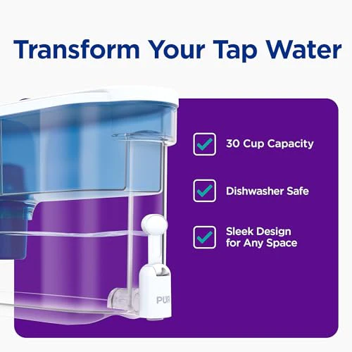 PUR 30-Cup Water Filter Dispenser with 1 Genuine PUR Filter, Large 30-Cup Capacity, 2-in-1 Powerful, Faster Filtration, Lasts 2 Months or 40 Gallons, Dishwasher Safe, White/Blue (DS1800Z) - Image 2
