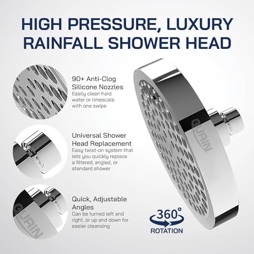 GURIN Shower Head High Pressure Rain, Luxury Bathroom Showerhead with Chrome Plated Finish, Adjustable Angles, Anti-Clogging Silicone Nozzles (2.5 GPM) - Image 6