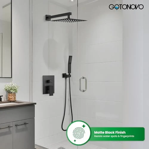 gotonovo Rainfall Bathroom Shower System Rain Shower Head and Handle Set Wall Mounted Shower Complete Combo Solid Brass Pressure Balancing Shower Mixer Valve 12 Inch Matte Black - Image 2