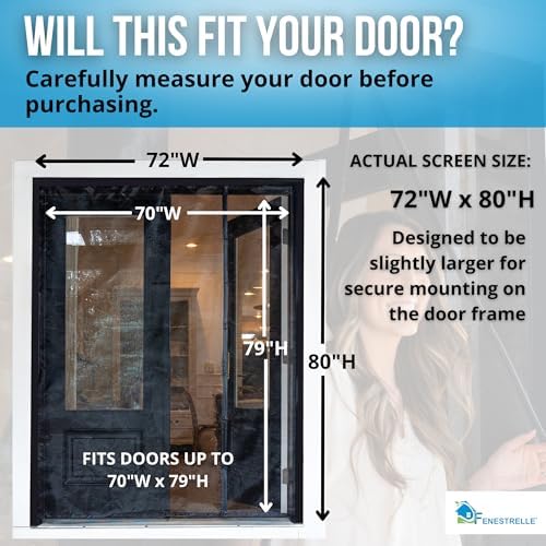 Fenestrelle Magnetic Screen Door for French & Sliding Door, Large Pet & Kids, Keep Bugs Out, Heavy Fiberglass Mesh, Self Closing Continuous Magnetic Seal (Fits Door Size 70"x80", Black Trim) - Image 7