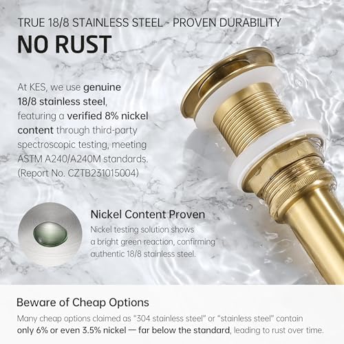 KES Sink Drain Without Overflow Bathroom Pop Up Drain Assembly Stopper Vessel Sink Brushed Gold for 1.6"-1.9" Sink Hole, All Metal Rustproof Brass and 304 Stainless Steel, S2008D-BZ - Image 5