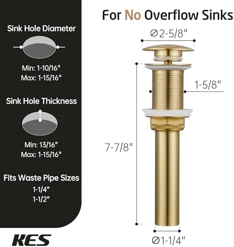 KES Sink Drain Without Overflow Bathroom Pop Up Drain Assembly Stopper Vessel Sink Brushed Gold for 1.6"-1.9" Sink Hole, All Metal Rustproof Brass and 304 Stainless Steel, S2008D-BZ - Image 6