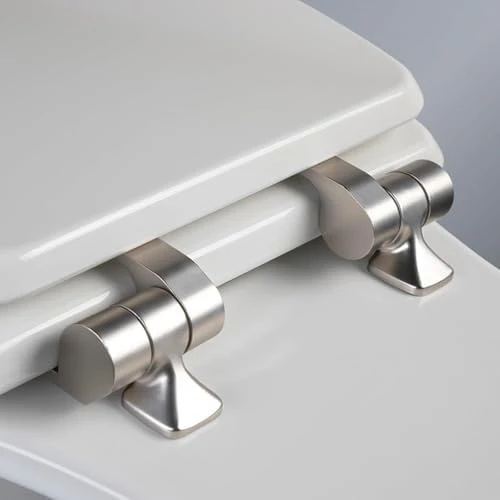 Mayfair Bennett Toilet Seat with Brushed Nickel Hinges, Slow Close Wood Seat, Secure Metal Hinges, Easy Install, Elongated, White - Image 2