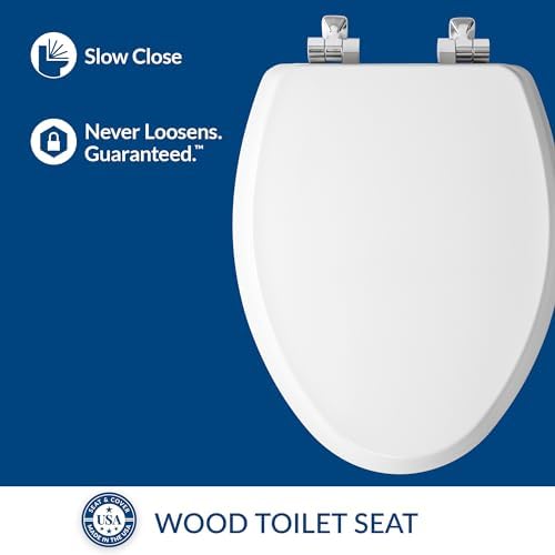 Mayfair Bennett Toilet Seat with Chrome Hinges, Slow Close Wood Seat, Secure Metal Hinges, Easy Install, Made in USA, Elongated, White - Image 3