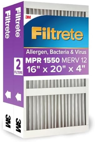 Filtrete 16x20x4 AC Furnace Air Filter, MPR 1550, MERV 12, Fits Lennox & Honeywell, CERTIFIED Asthma & Allergy Friendly, Electrostatic Air Cleaning Filter, 2-Pack (actual size 15.88 x 19.88 x 4.31)