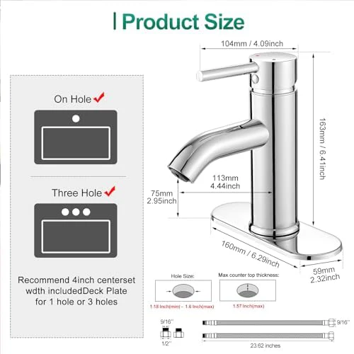 VOTON Modern Bathroom Faucet Chrome Single Handle One Hole Sink Faucet Commercial Lavatory Vanity Sink Faucet with 3/8" Hoses and Deck Plate - Image 5