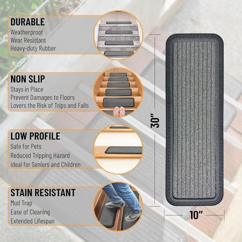 Indoor/Outdoor Hose-Wash Striped Design Non-Slip Rubber 10" x 30" Modern Stair Treads for Stairs, Garage, Patio, 5 Pack, Gray - Image 3