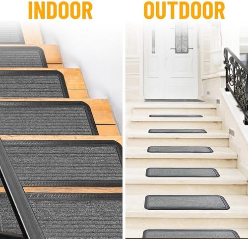 Indoor/Outdoor Hose-Wash Striped Design Non-Slip Rubber 10" x 30" Modern Stair Treads for Stairs, Garage, Patio, 5 Pack, Gray - Image 4