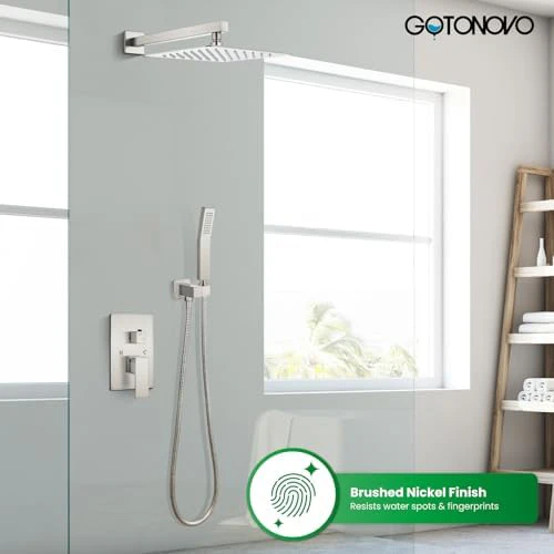 gotonovo Rainfall Bathroom Shower System Rain Shower Head and Handle Set Wall Mounted Shower Complete Combo Solid Brass Pressure Balancing Shower Mixer Valve 10 Inch Brushed Nickel - Image 2