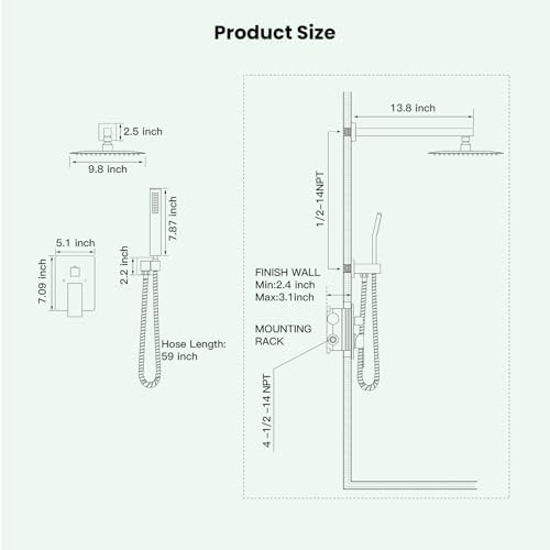 gotonovo Rainfall Bathroom Shower System Rain Shower Head and Handle Set Wall Mounted Shower Complete Combo Solid Brass Pressure Balancing Shower Mixer Valve 10 Inch Brushed Nickel - Image 7