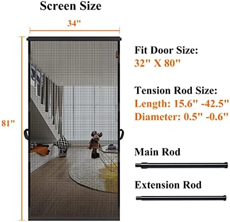 MAGZO Hanging Screen Door, Fits Door Size 32" x 80" (Curtain Size 34'' x 81''), Upgraded Fiberglass Mesh Net with Tension Rod&Hook&Loop (One Piece Can be Installed in 2 Ways), Weighted Bottom, Grey - Image 3