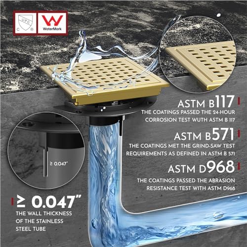 6 Inch Square Shower Floor Drain with Flange,Quadrato Pattern Grate Removable,Food-Grade SUS 304 Stainless Steel,Watermark&CUPC Certified, Brushed Gold - Image 5