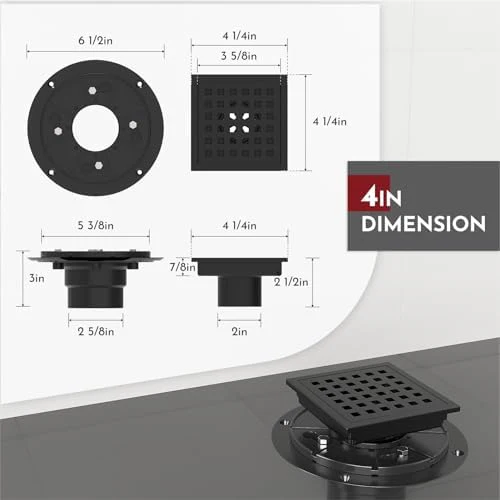 4 Inch Square Shower Floor Drain with Flange,Quadrato Pattern Grate Removable,Food-Grade SUS 304 Stainless Steel,Watermark&CUPC Certified,Matte Black - Image 2