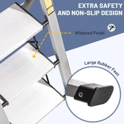 XinSunho 3 Step Ladder, Retractable Handgrip Folding Step Stool Ladders with Anti-Slip Wide Pedal, Aluminum 3 Steps, 330lbs Safety Household Ladder - Image 4