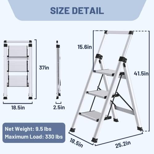 XinSunho 3 Step Ladder, Retractable Handgrip Folding Step Stool Ladders with Anti-Slip Wide Pedal, Aluminum 3 Steps, 330lbs Safety Household Ladder - Image 6