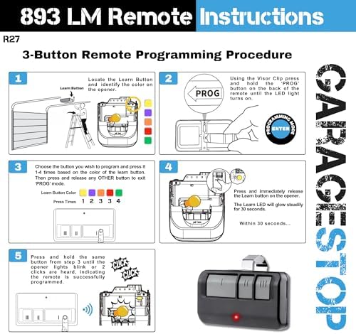 Garage Stop 2X for 893LM 893Max 891LM 371LM 373LM 971LM 973LM LiftMaster Craftsman Chamberlain Garage Door Remote, for 5 Learn Button, Garage Door Opener Remote - Image 4
