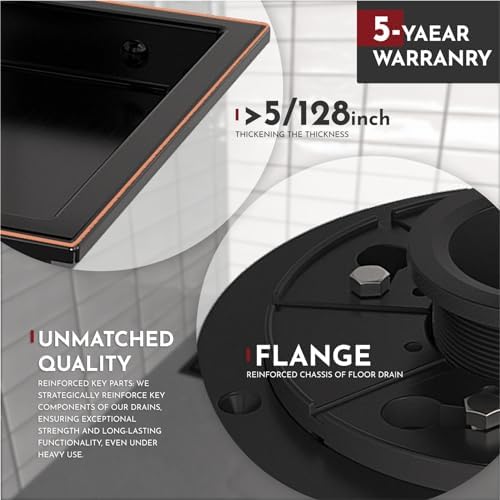 6 Inch Square Shower Floor Drain with Flange,Quadrato Pattern Grate Removable,Food-Grade SUS 304 Stainless Steel,Watermark&CUPC Certified,Oil Rubbed Bronze - Image 3