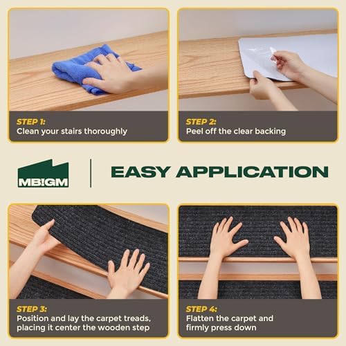 MBIGM 8" X 30" (15 in Pack) Non-Slip Carpet Stair Treads Non-Skid Safety Rug Slip Resistant Indoor Runner for Kids Elders & Pets with Reusable Adhesive - Black - Carpet Pads for Stairs - Image 4