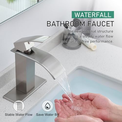 VOTON Waterfall Bathroom Faucets Brushed Nickel Modern Single Handle Sink Faucet for 1 or 3 Holes with Deck Plate and Pop-Up Drain, Rv Sink Camper Farmhouse Faucet - Image 2