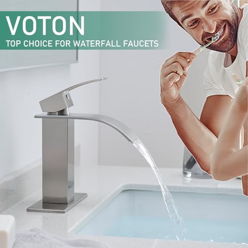 VOTON Waterfall Bathroom Faucets Brushed Nickel Modern Single Handle Sink Faucet for 1 or 3 Holes with Deck Plate and Pop-Up Drain, Rv Sink Camper Farmhouse Faucet - Image 3