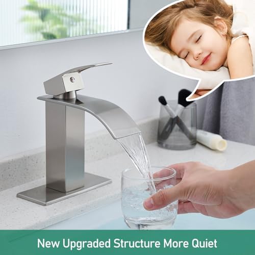 VOTON Waterfall Bathroom Faucets Brushed Nickel Modern Single Handle Sink Faucet for 1 or 3 Holes with Deck Plate and Pop-Up Drain, Rv Sink Camper Farmhouse Faucet - Image 4