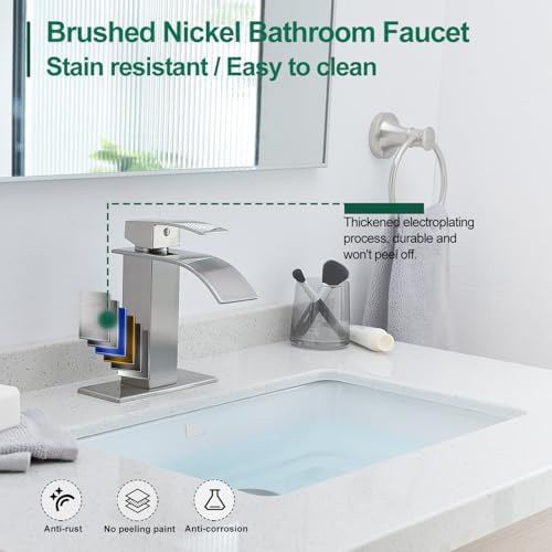 VOTON Waterfall Bathroom Faucets Brushed Nickel Modern Single Handle Sink Faucet for 1 or 3 Holes with Deck Plate and Pop-Up Drain, Rv Sink Camper Farmhouse Faucet - Image 5