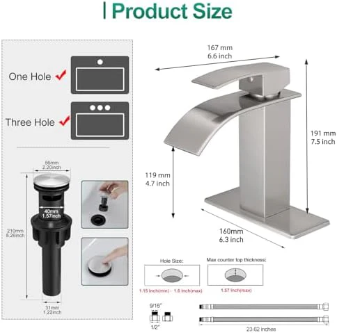 VOTON Waterfall Bathroom Faucets Brushed Nickel Modern Single Handle Sink Faucet for 1 or 3 Holes with Deck Plate and Pop-Up Drain, Rv Sink Camper Farmhouse Faucet - Image 6
