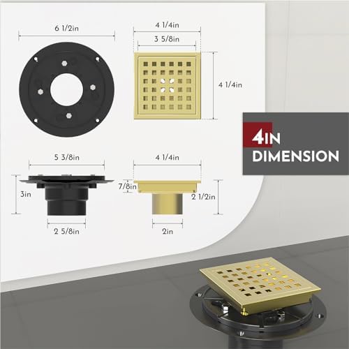4 Inch Square Shower Floor Drain with Flange,Quadrato Pattern Grate Removable,Food-Grade SUS 304 Stainless Steel,Watermark&CUPC Certified, Brushed Gold - Image 2
