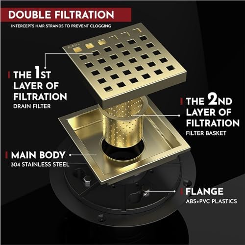 4 Inch Square Shower Floor Drain with Flange,Quadrato Pattern Grate Removable,Food-Grade SUS 304 Stainless Steel,Watermark&CUPC Certified, Brushed Gold - Image 4