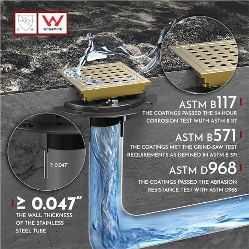 4 Inch Square Shower Floor Drain with Flange,Quadrato Pattern Grate Removable,Food-Grade SUS 304 Stainless Steel,Watermark&CUPC Certified, Brushed Gold - Image 5
