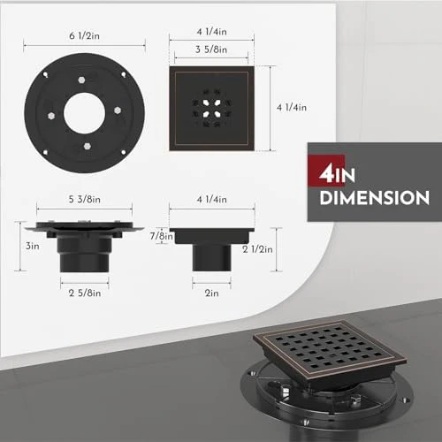 4 Inch Square Shower Floor Drain with Flange,Quadrato Pattern Grate Removable,Food-Grade SUS 304 Stainless Steel,Watermark&CUPC Certified,Oil Rubbed Bronze - Image 2